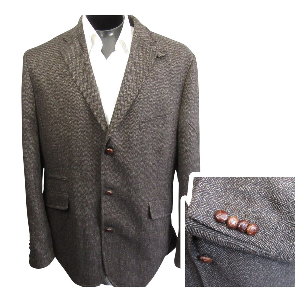 Kroon Tweed Sport Coat 46L 3 Button Brown Herringbone Throat Latch Double Vent